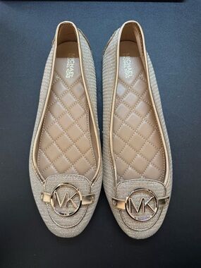 Michael Kors Metallic Champagne Quilted Ballet Flats with MK Emblem